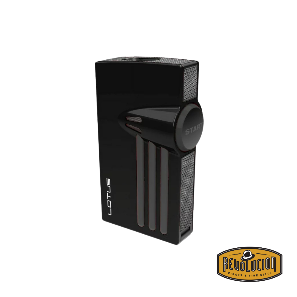 Lotus Orion Double Flame Lighter in Black Matte & Gunmetal, showcasing a sleek and modern front design.