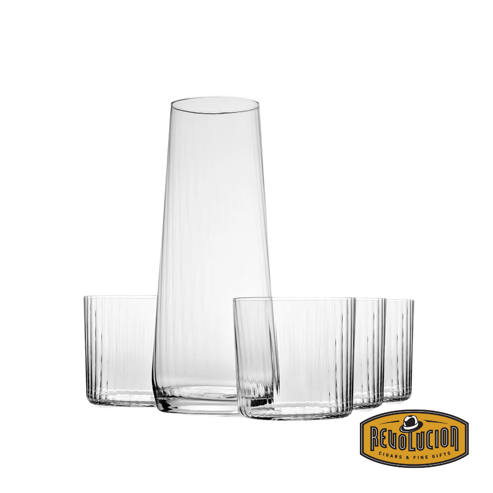 Avant-Garde Lumi Water Set by Krosno, featuring a sleek glass carafe and four matching textured glasses for a sophisticated and modern table setting.