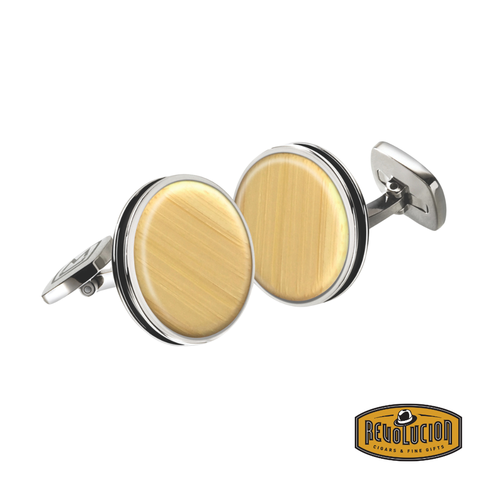 Stylish M-Clip Bamboo Round cufflinks for men, featuring a sleek circular design with a natural bamboo inlay, elegantly set in a polished metal frame for a refined and sophisticated look.