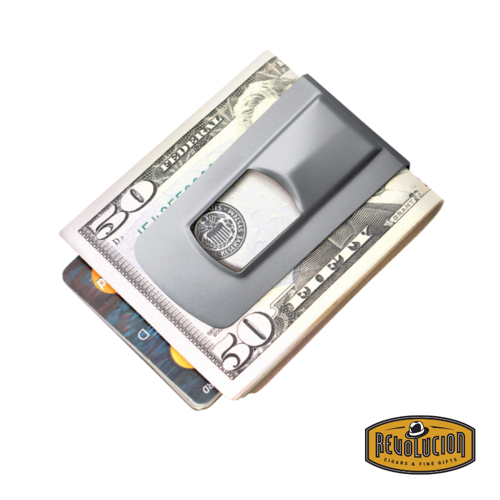 Stainless steel silver Tightwad Natural Money Clip by M-Clip, elegantly crafted with a strong grip, shown holding cash for a stylish and functional everyday carry.