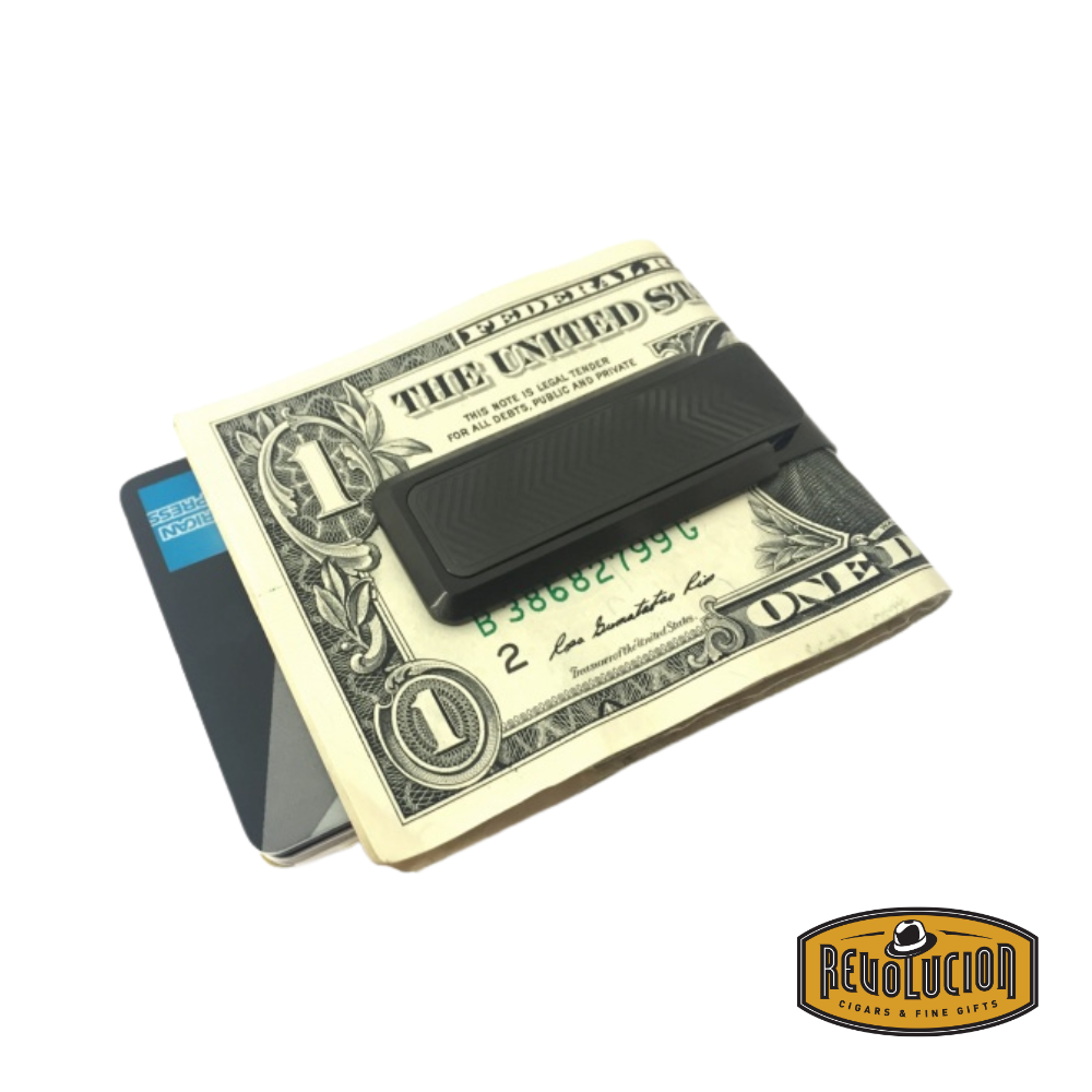 A sleek M-Clip Stainless Steel Blackout Chevron Money Clip, designed with a striking black finish and a modern chevron pattern, offering a secure and stylish way to carry cash.