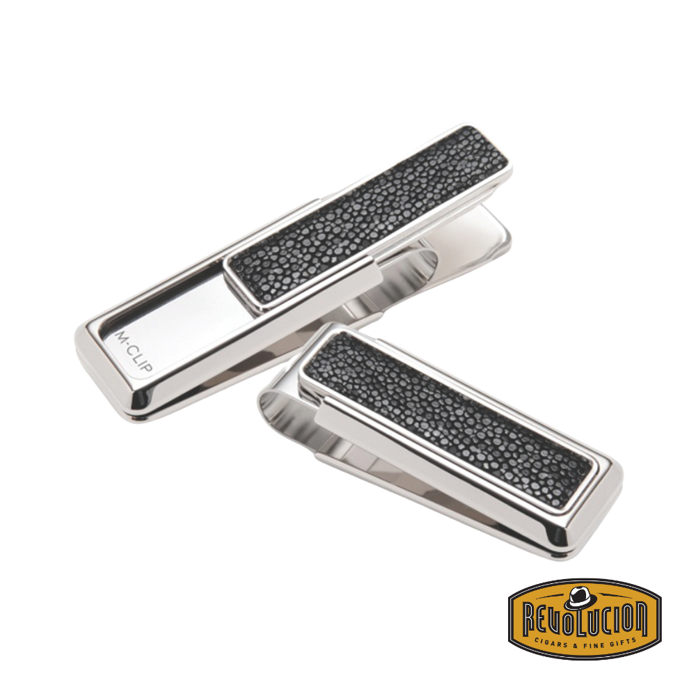 A sleek and stylish M-Clip Stainless Steel Stingray Black Money Clip, featuring a durable stainless steel frame with a luxurious black stingray inlay, designed to securely hold cash and cards with a sophisticated touch.