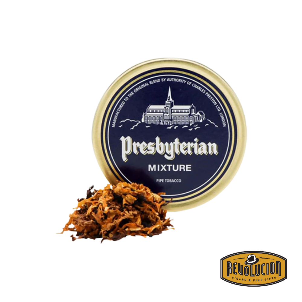 Image of a tin of Mac Baren Presbyterian Mixture Pipe Tobacco. The label features a traditional and distinguished design with the iconic Presbyterian branding. The Revolucion logo is in the corner.