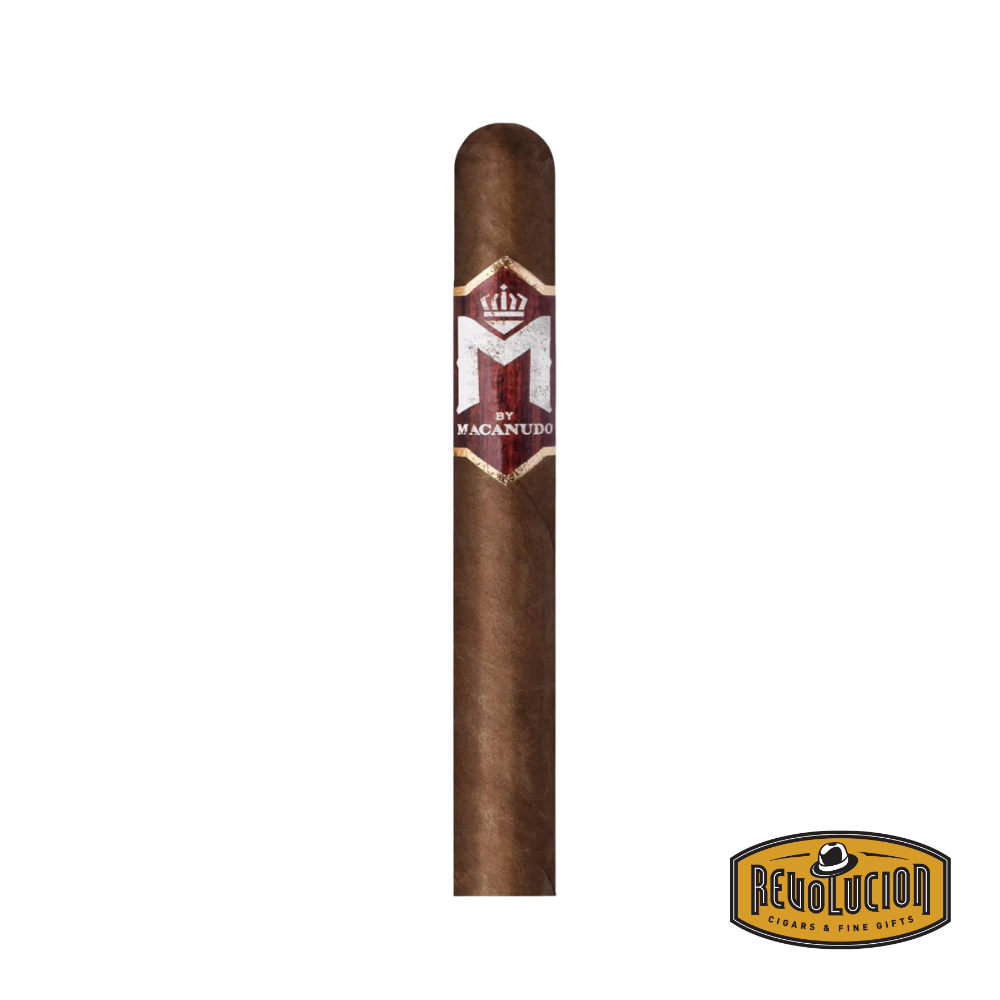 Macanudo Bourbon Toro Mild-Medium Strength Nicaraguan Cigars placed on a white background with the Revolucion logo, highlighting its smooth wrapper and elegant band design.