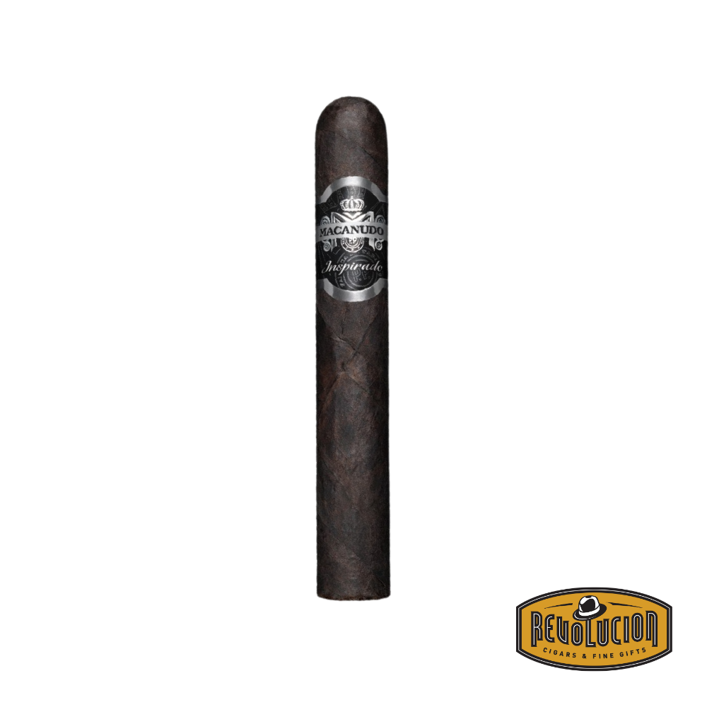 Macanudo Inspirado Black Robusto Broadleaf Maduro Full Strength Dominican Cigar on white background with a dark, oily wrapper and distinctive band.