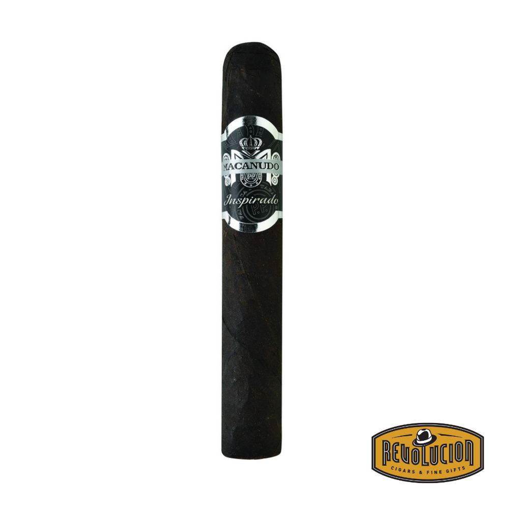 Macanudo Inspirado Black Toro Broadleaf Maduro Full Strength Dominican Cigars displayed on a clean white background, featuring a dark, oily wrapper and the Revolucion logo.