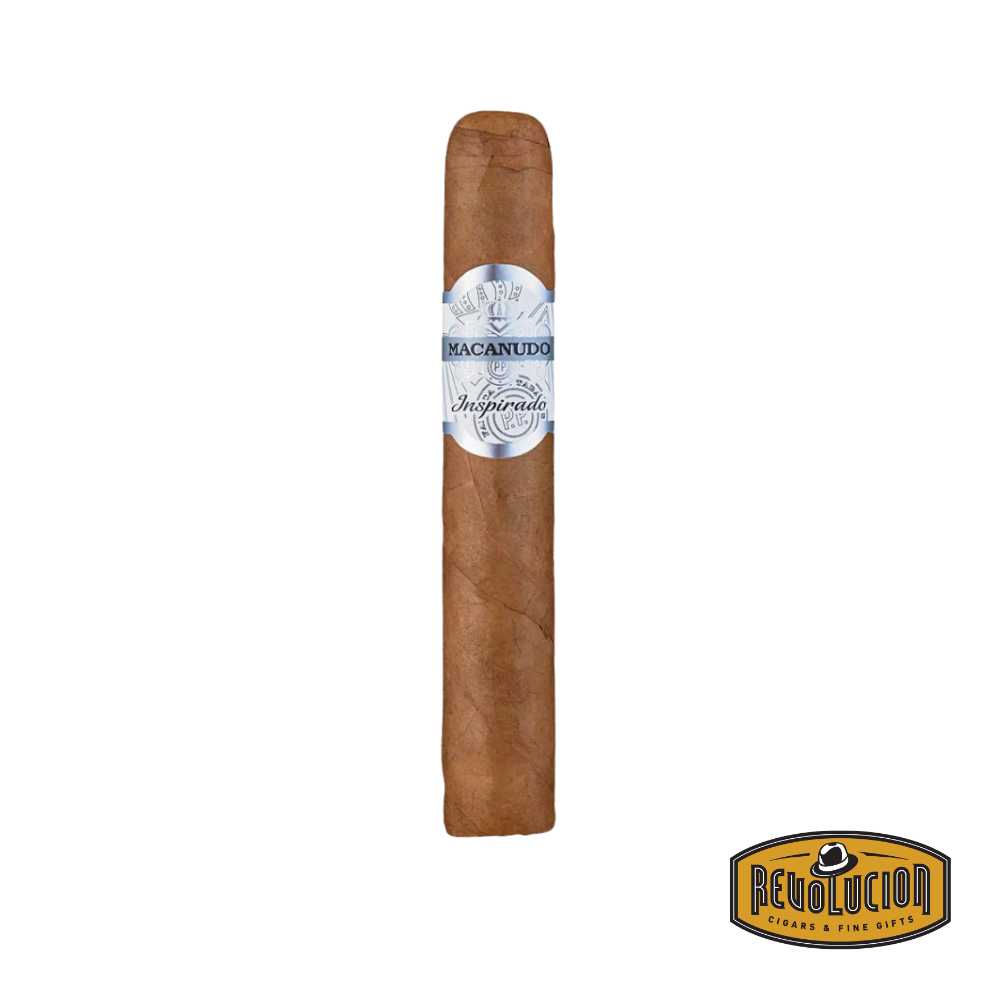 Macanudo Inspirado Ecuador Robusto Mild-Medium Strength Dominican Cigars placed on a wooden surface with a white background, highlighting its bright band and smooth wrapper.