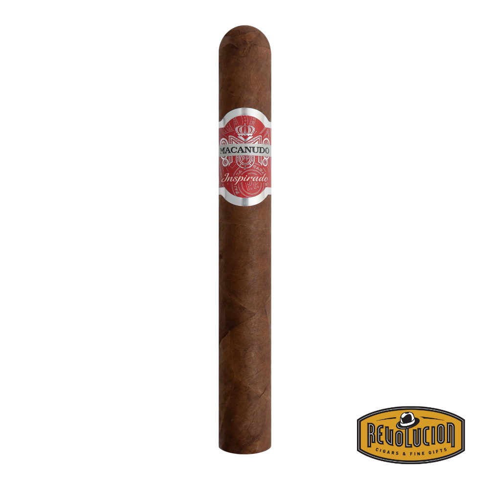 Macanudo Inspirado Red Toro Full Strength Nicaraguan Cigars displayed on a white background, highlighting the deep brown wrapper and vibrant red band.