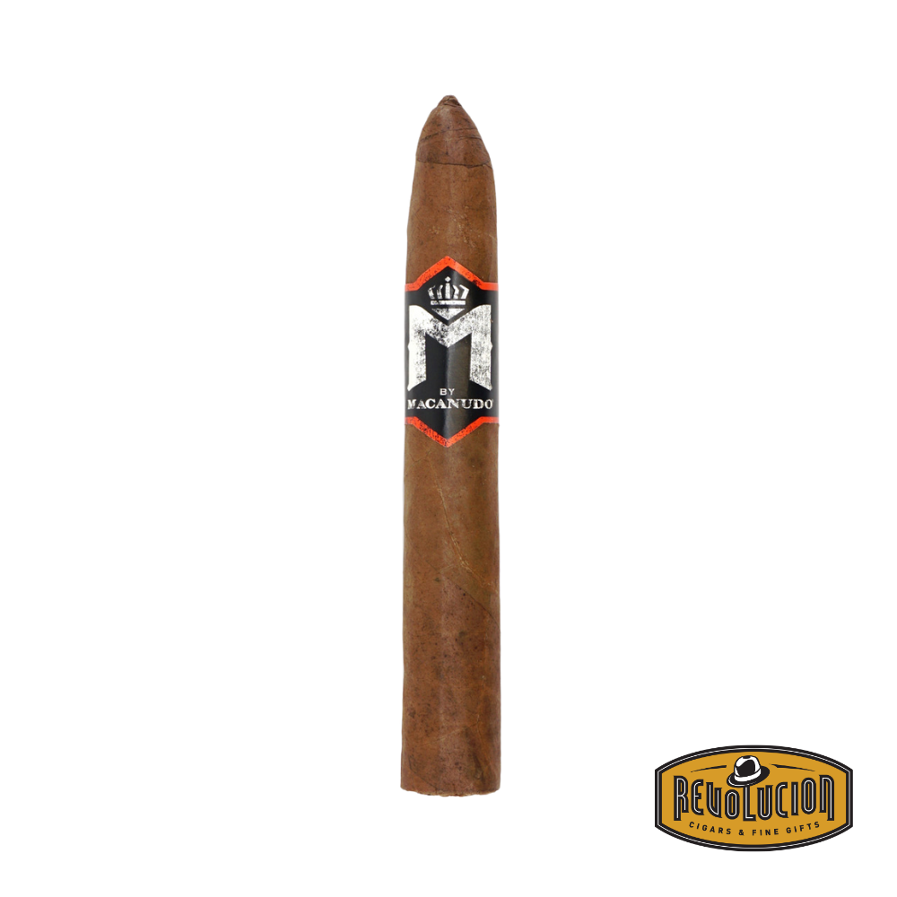 Macanudo M Coffee Belicoso Mild-Medium Strength Nicaraguan Cigars on a white background with the Revolucion logo, highlighting its elegant belicoso shape and rich brown wrapper.