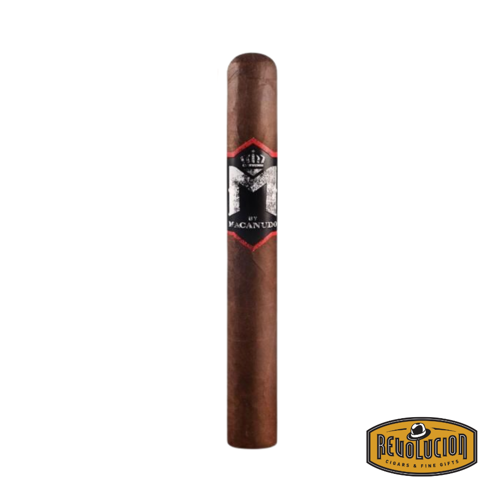 Macanudo M Coffee Toro Mild-Medium Strength Nicaraguan Cigars on a white background with the Revolucion logo, featuring its sleek toro shape and oily, coffee-infused wrapper.