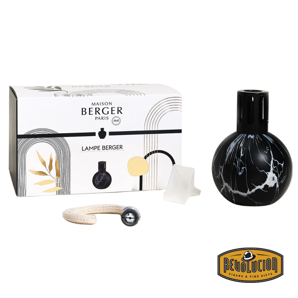  Maison Lampe Berger Marbrure Black Lamp displayed alongside its elegant packaging and included accessories, including the wick, funnel, and decorative box with gold and black design accents.