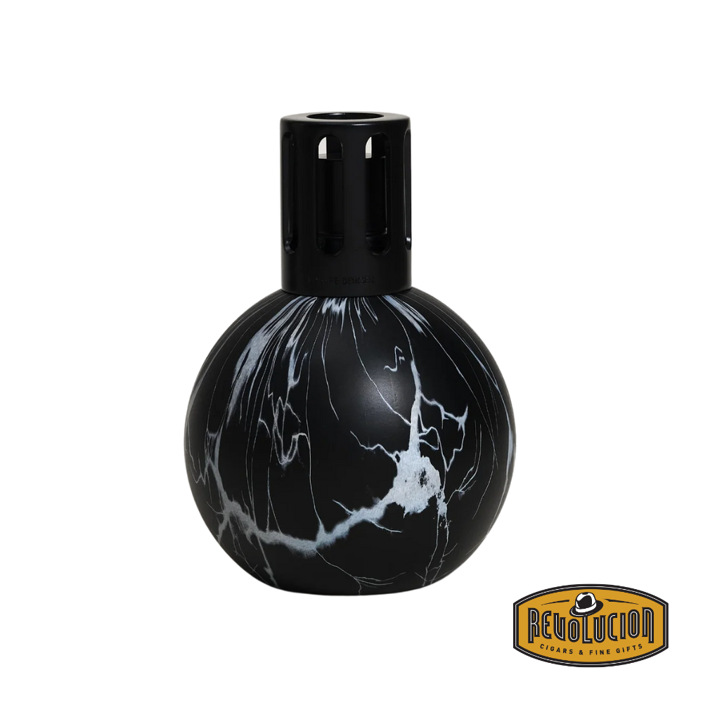 Maison Lampe Berger Marbrure Black Lamp – a round, glossy black fragrance lamp with white marble-like veining and a sleek black vented cap, shown on its own.