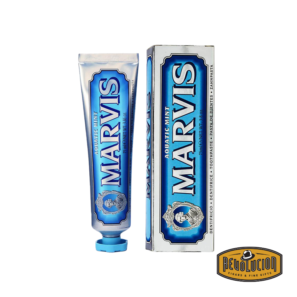 Marvis Aquatic Mint Toothpaste in a sleek, vintage-style tube featuring a refreshing marine mint flavor for a cool and clean brushing experience.
