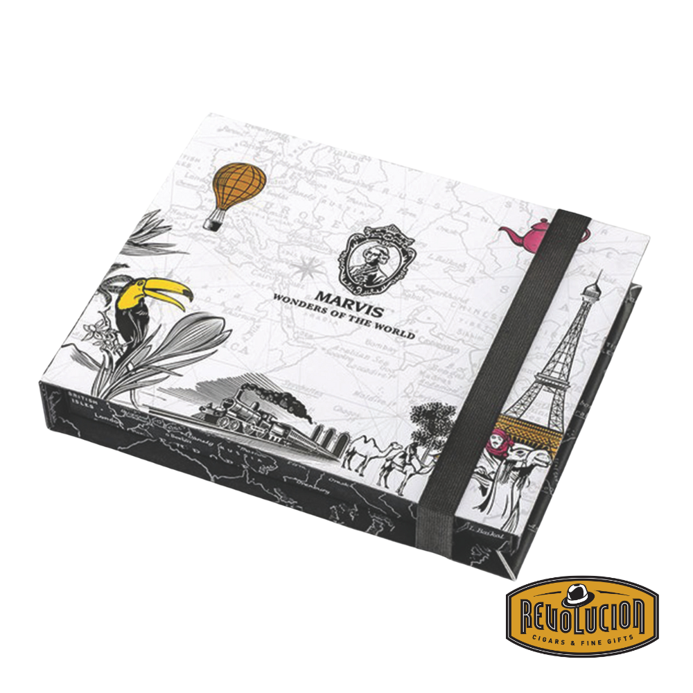 Front view of the closed Marvis Wonders of the World gift box featuring elegant travel-inspired artwork and the Marvis logo.