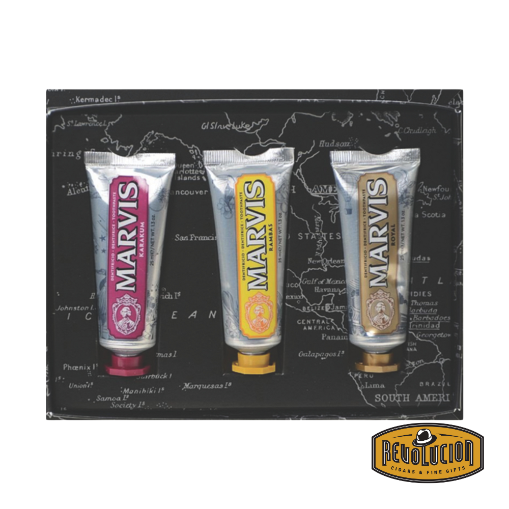 Interior of the Marvis Wonders of the World travel-size set showcasing three mini toothpaste tubes neatly arranged in their compartments.