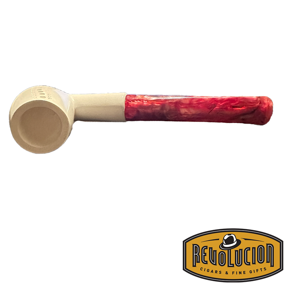 Front view of a Meerschaum Billiard Pipe with a cream-colored bowl and a red marbled stem. The pipe features a lattice finish with decorative patterns on the bowl.