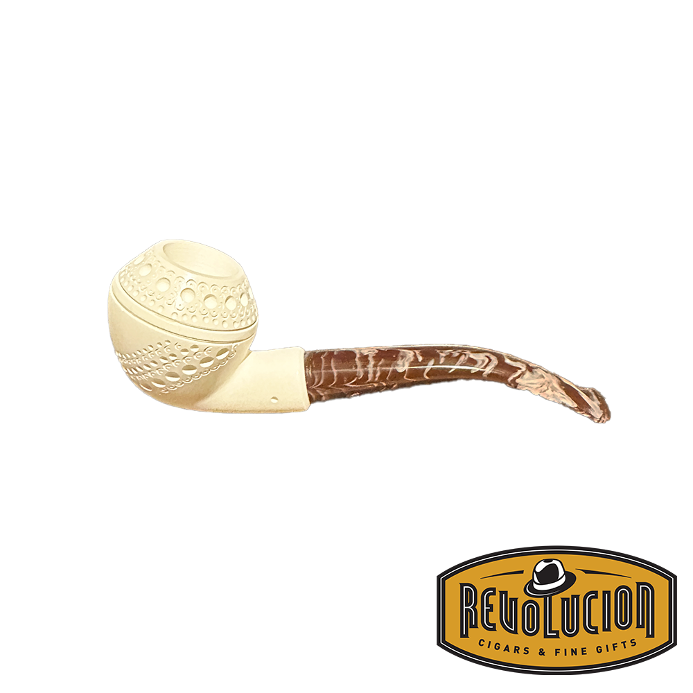 Side view of a Meerschaum Bulldog Pipe featuring a cream-colored bowl with detailed lattice patterns and a marbled brown stem. The bowl has an intricate, rounded design that complements the curved stem