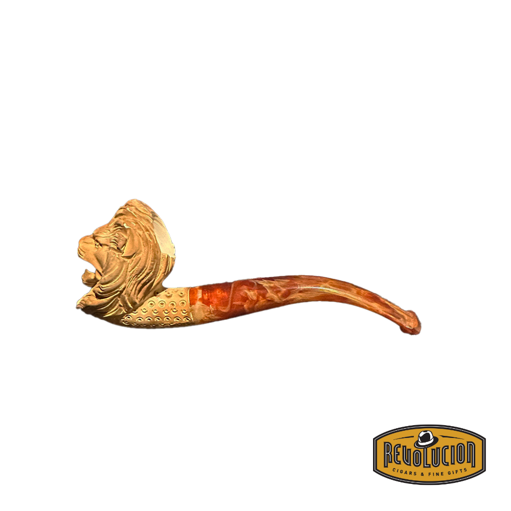 Side view of a Meerschaum smoking pipe featuring a meticulously carved lion head with a marbled red stem. The bowl has a lattice pattern, enhancing the artistic design.
