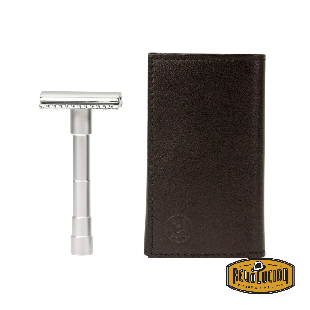 Top view of the Merkur 3-piece safety razor set including the handle, head, and protective travel case.

