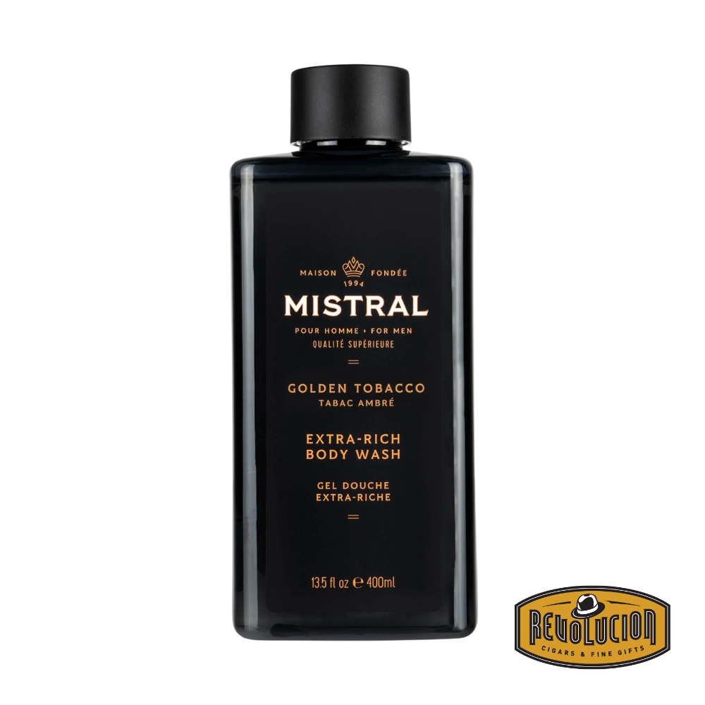 Front view of Mistral Men's Body Wash Golden Tobacco 400ml – elegant amber bottle with sleek black cap and bold golden label.