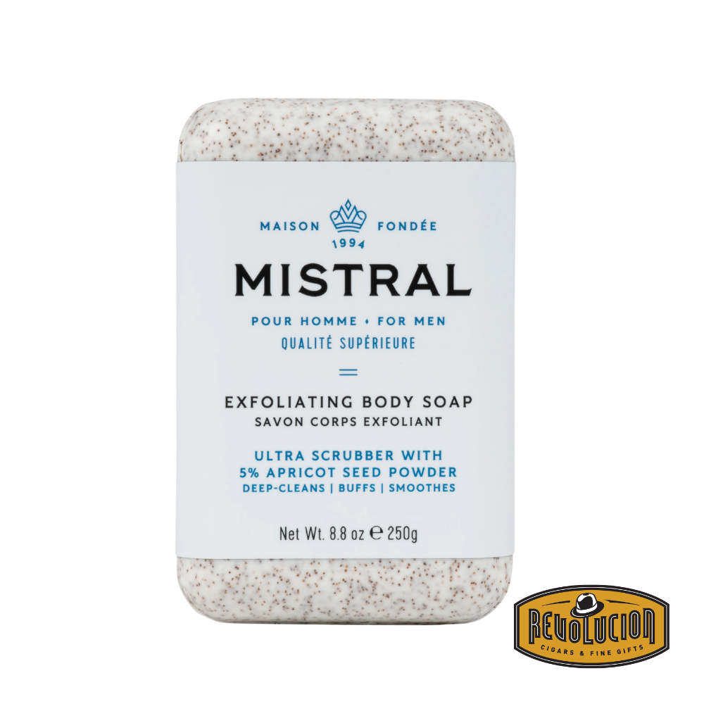 Mistral Exfoliating Performance Soap Bar 250g featuring a textured surface for deep cleansing and skin renewal.