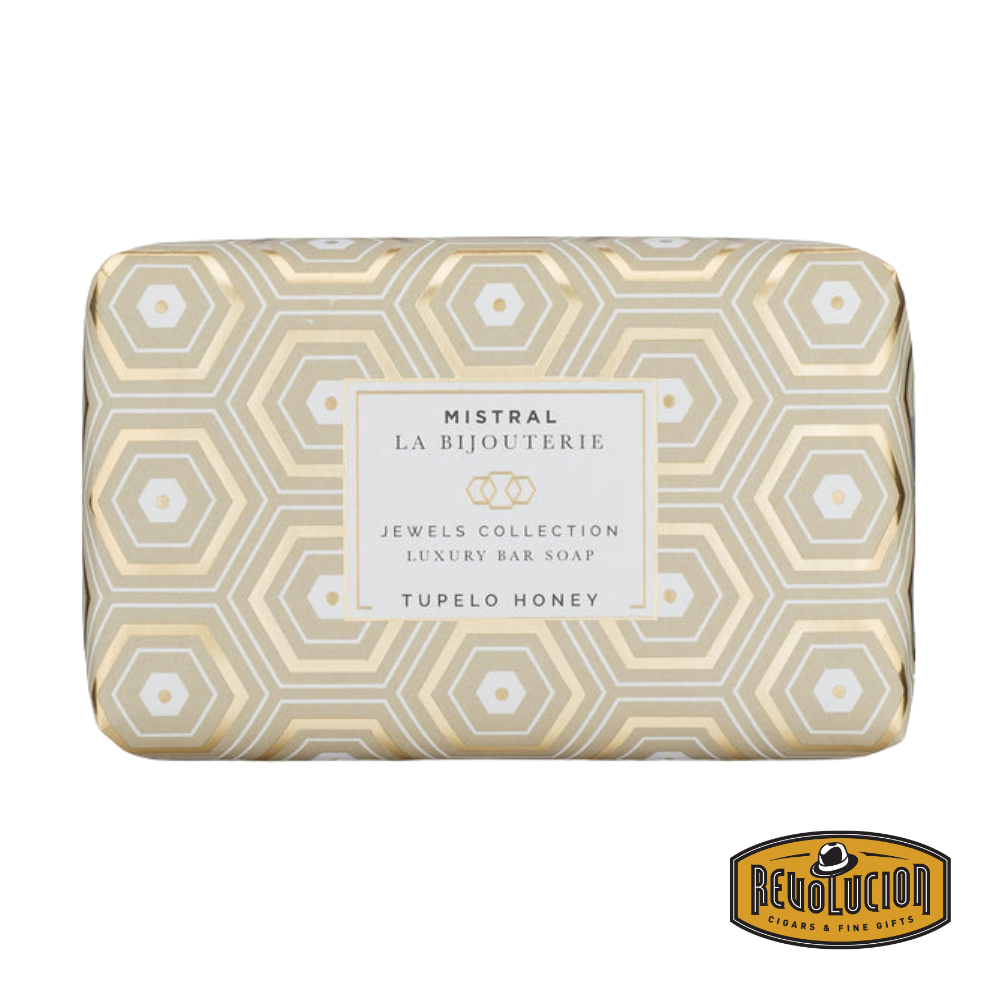 Mistral Jewels Tupelo Honey Soap Bar 200g – a beautifully crafted bar soap with elegant packaging, showcasing luxurious honey-inspired design and natural richness.