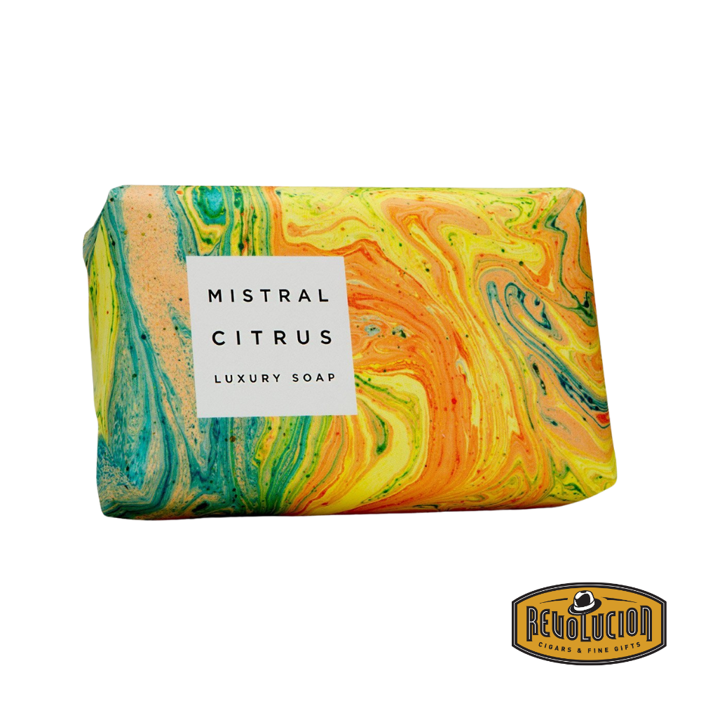 Mistral Marbles Citrus Soap Bar 200g – vibrant artisan soap with swirls of yellow and orange, crafted for a refreshing and energizing cleanse.
