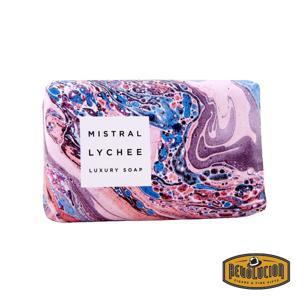 Mistral Marbles Lychee Luxury Soap Bar 200g – elegant marbled soap with pink and cream swirls, offering a refreshing lychee fragrance in a premium artisanal design.