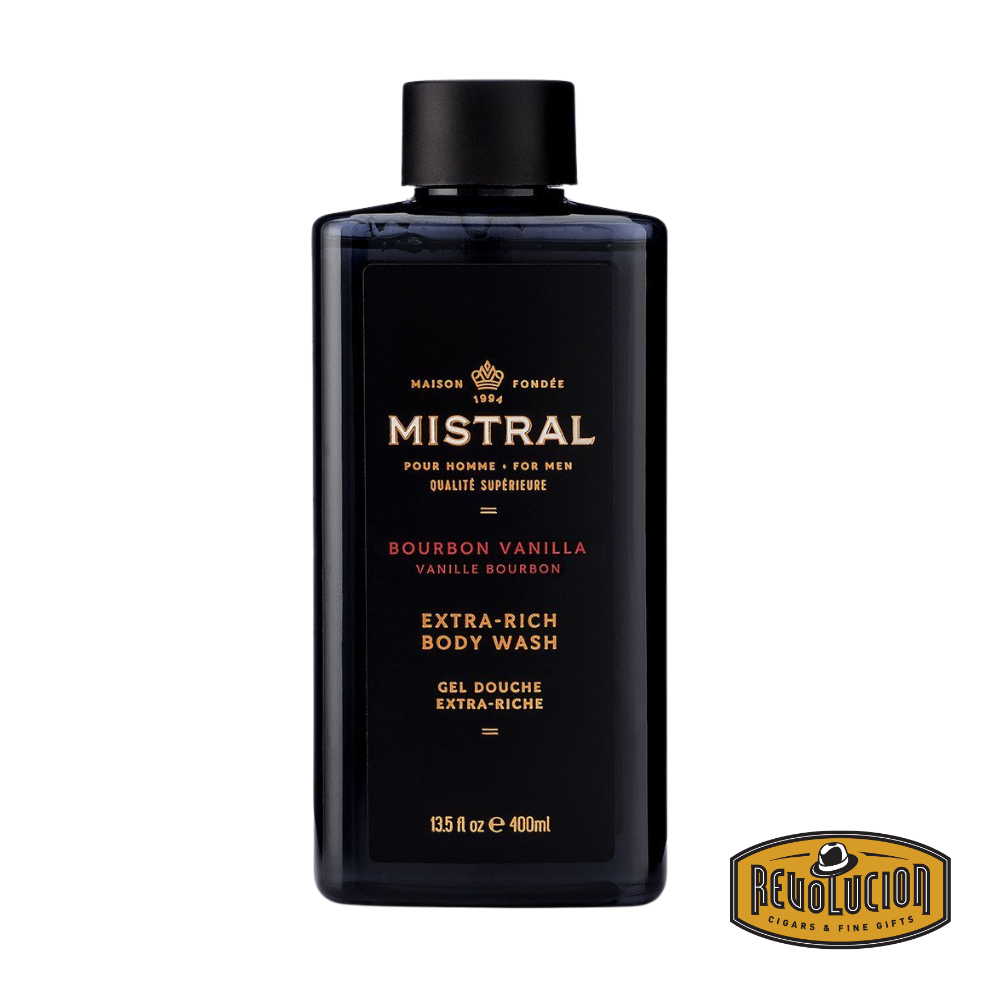 Mistral Men's Extra Rich Body & Hair Wash in Bourbon Vanilla, featuring a dark-toned bottle with warm, masculine branding.
