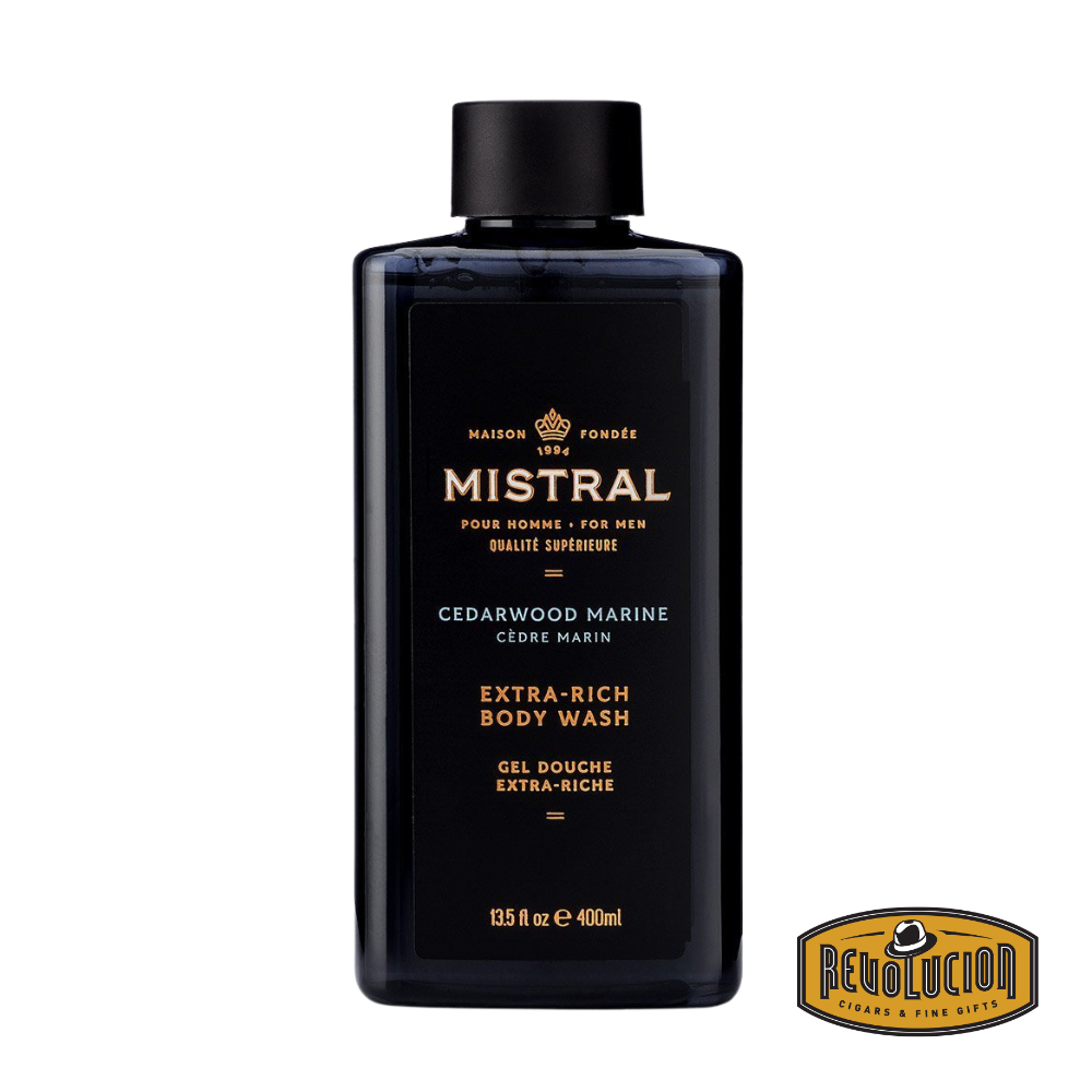 Mistral Men's Extra Rich Body & Hair Wash in Cedarwood Marine, with a sleek design and cool-toned label reflecting fresh, woody marine elements.