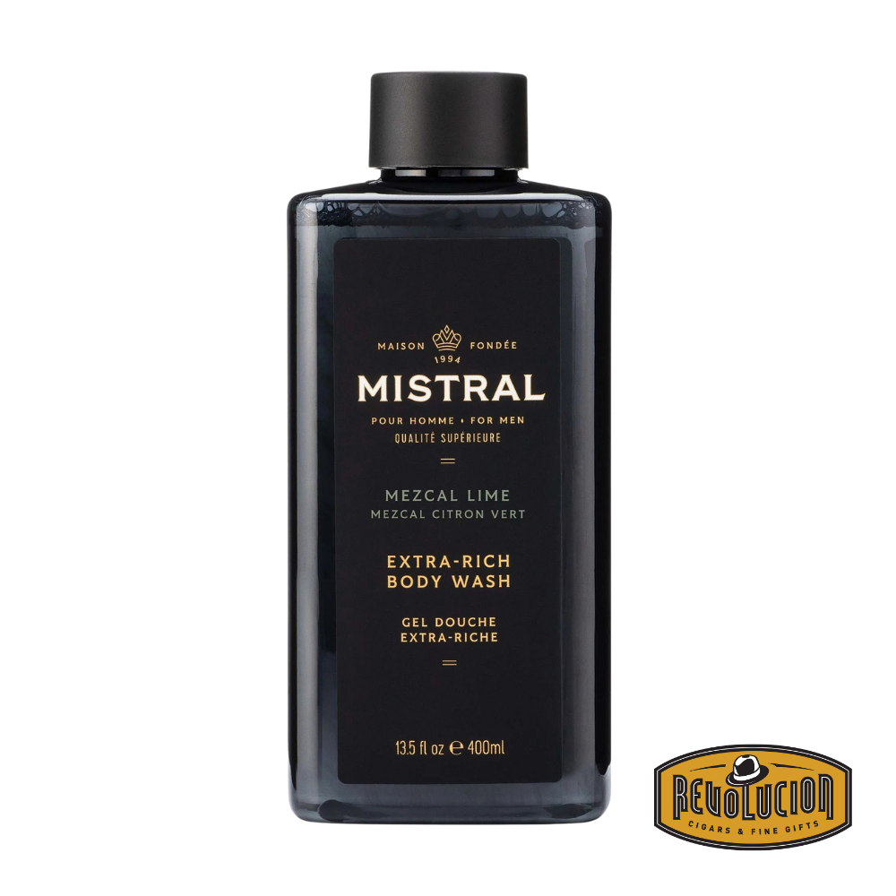 Mistral Men's Extra Rich Body & Hair Wash in Mezcal Lime, showcasing a vibrant design that highlights citrus and herbal influences.