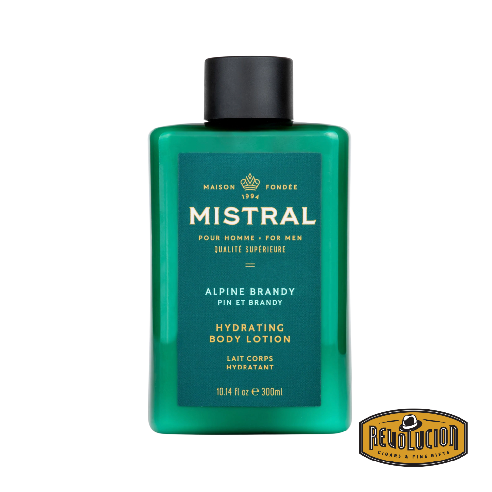 Mistral Men's Hydrating Body Lotion in Alpine Brandy scent, presented in a sleek 300ml bottle with modern, masculine packaging.