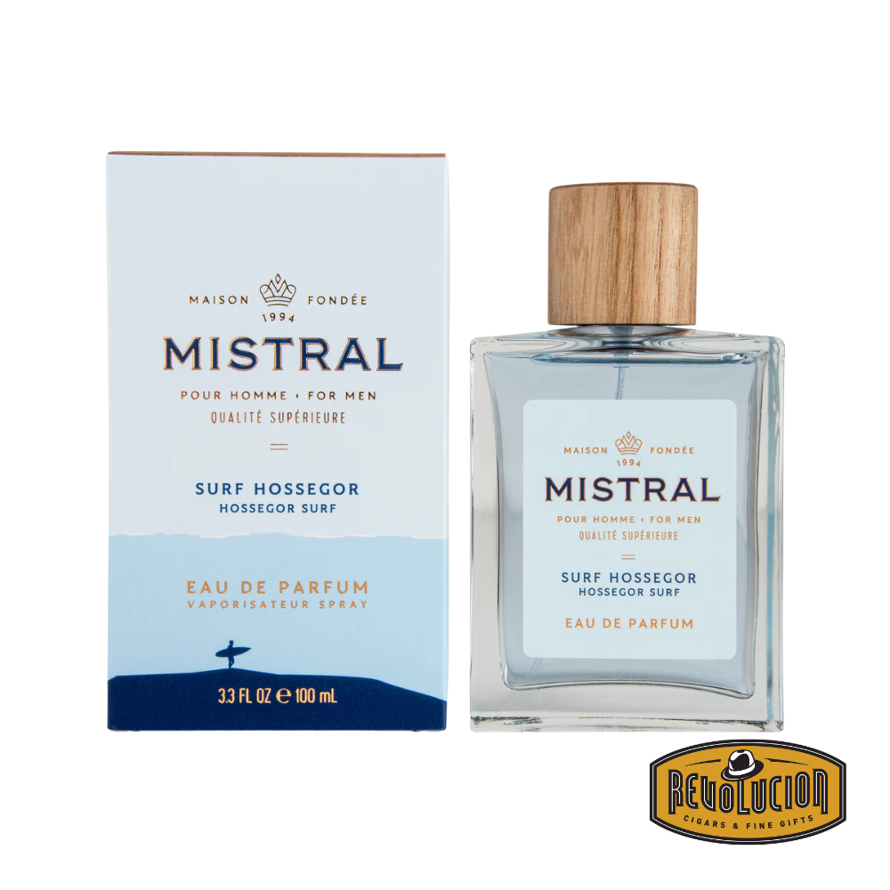 Mistral Men's Surf Hossegor Eau De Parfum bottle with a sleek, ocean-inspired design reflecting a coastal lifestyle.