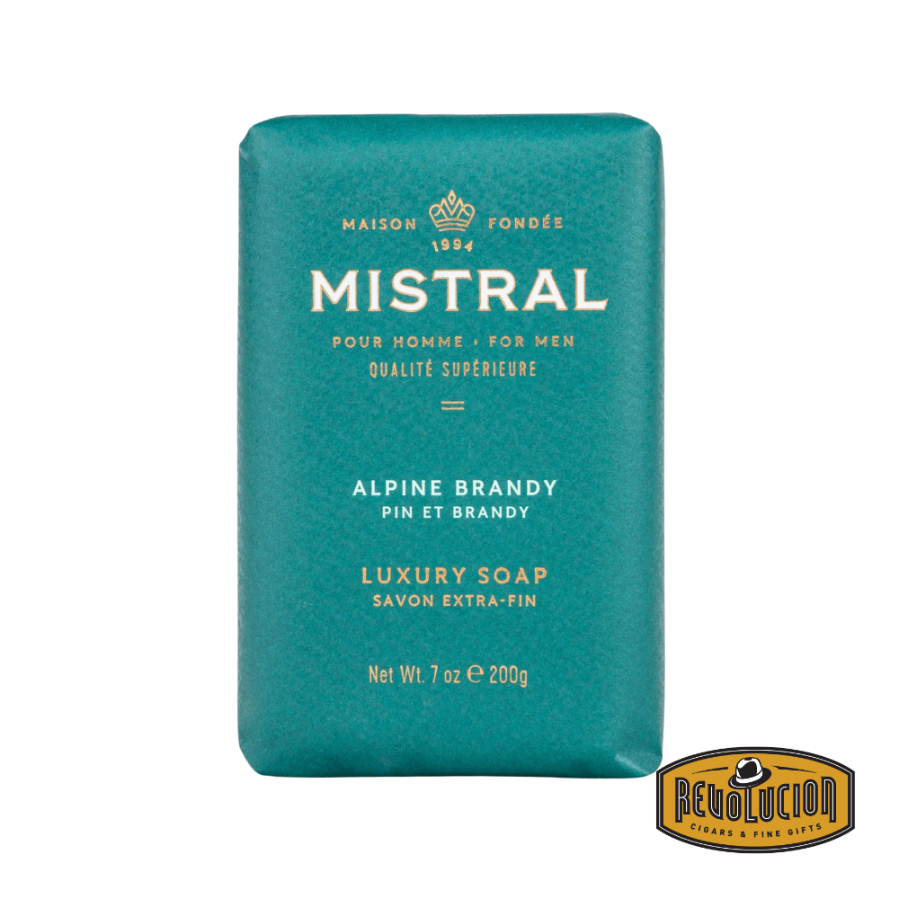 Mistral Men's Hydrating Soap Bar Alpine Brandy – golden-brown bar with refined alpine-inspired packaging, perfect for indulgent lather.