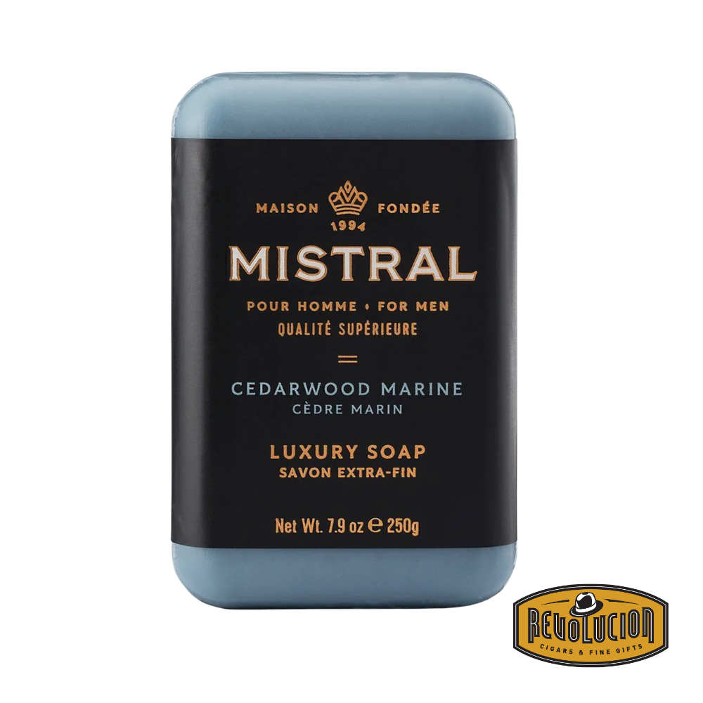 Mistral Men's Hydrating Soap Bar Cedarwood Marine – earthy soap bar in oceanic tones, combining woodsy depth with freshness.