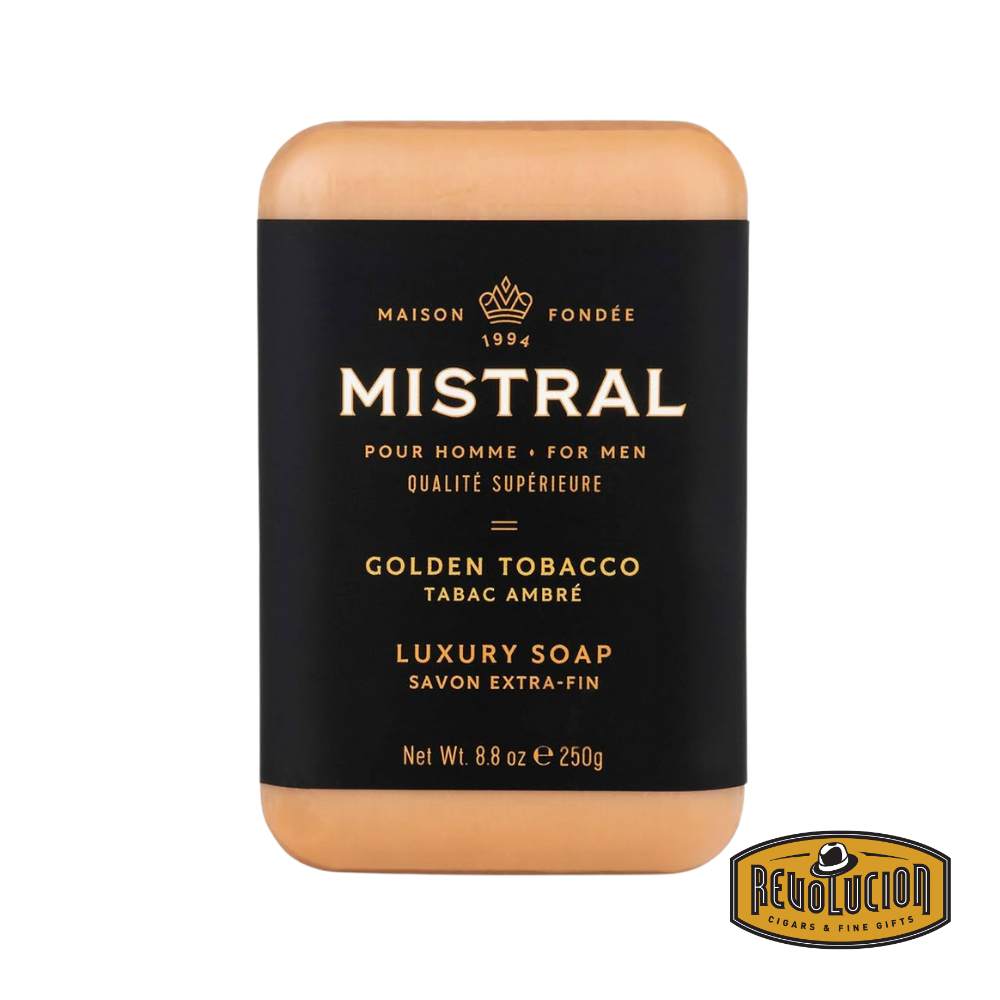 Mistral Men's Hydrating Soap Bar Golden Tobacco – golden soap bar in elegant packaging, ideal for smooth and aromatic skin.