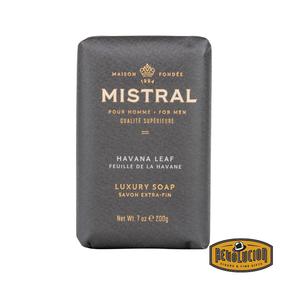 Mistral Men's Hydrating Soap Bar Havana Leaf – deep green bar wrapped in vintage tobacco-themed paper, offering a bold cleanse.