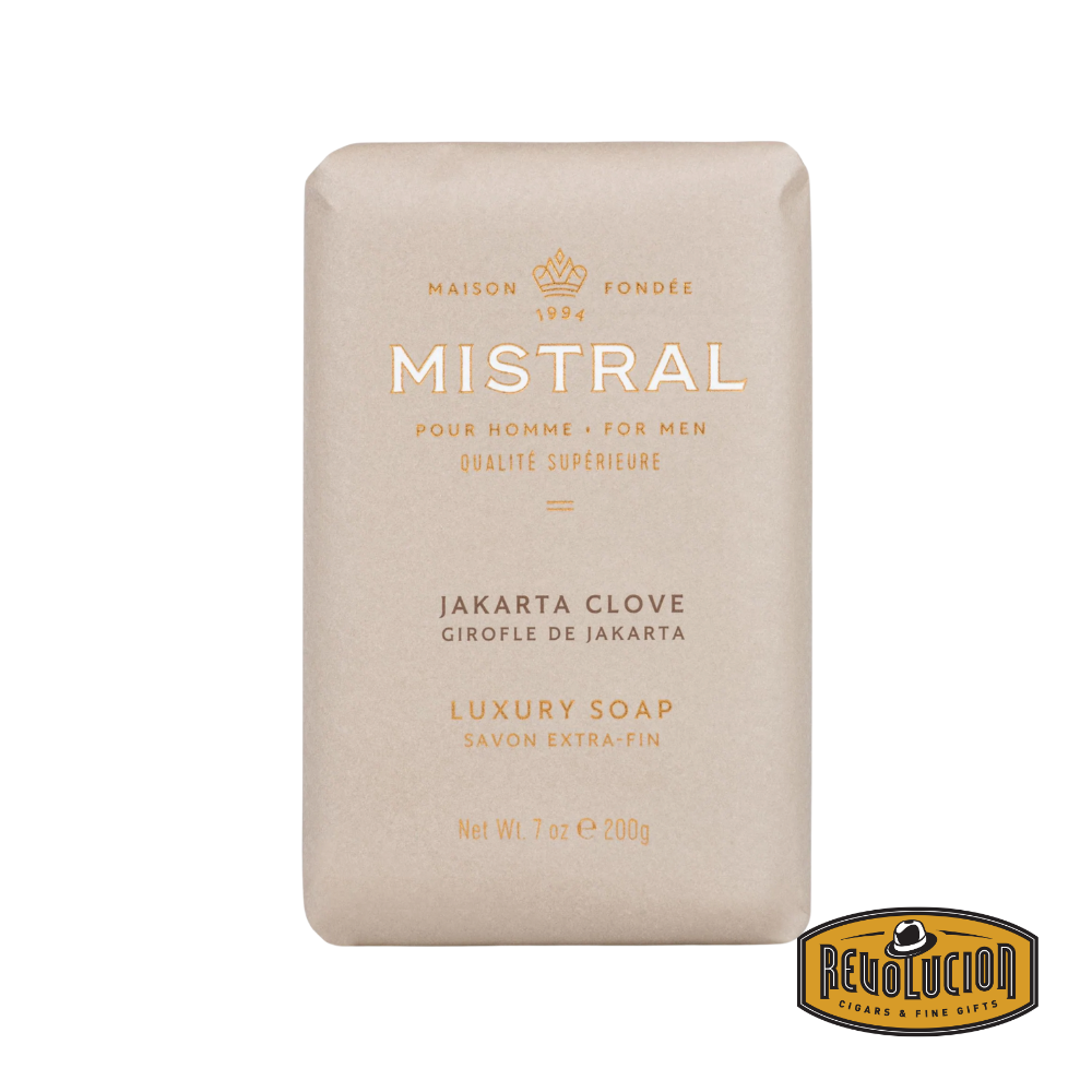 Mistral Men's Hydrating Soap Bar Jakarta Clove – warm-toned bar with exotic clove-themed design, crafted for rich hydration.