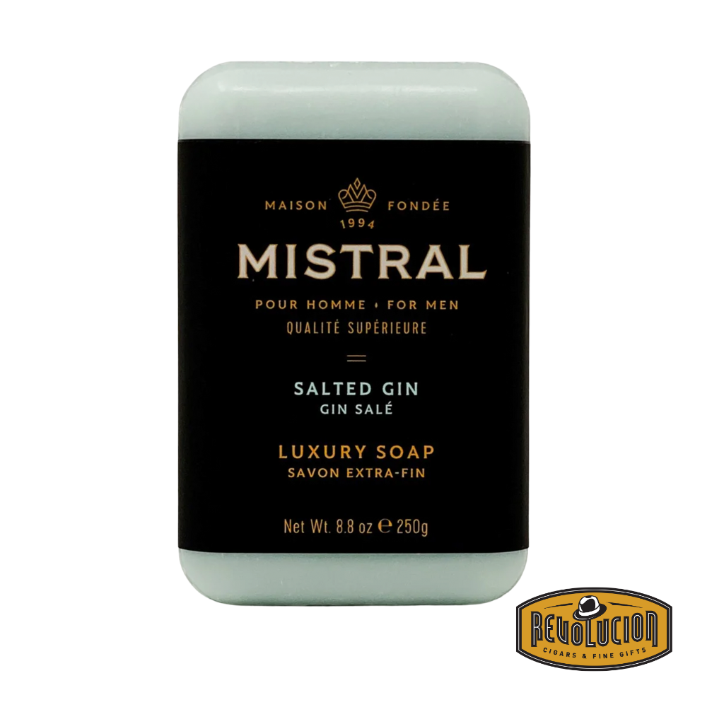 Mistral Men's Hydrating Soap Bar Salted Gin – cool-toned bar with minimalistic label, designed for crisp and clean hydration.