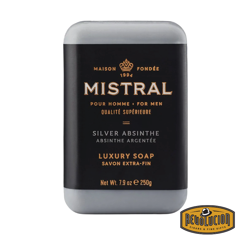 Mistral Men's Hydrating Soap Bar Silver Absinthe – metallic-toned soap bar with bold branding, ideal for an energizing cleanse.