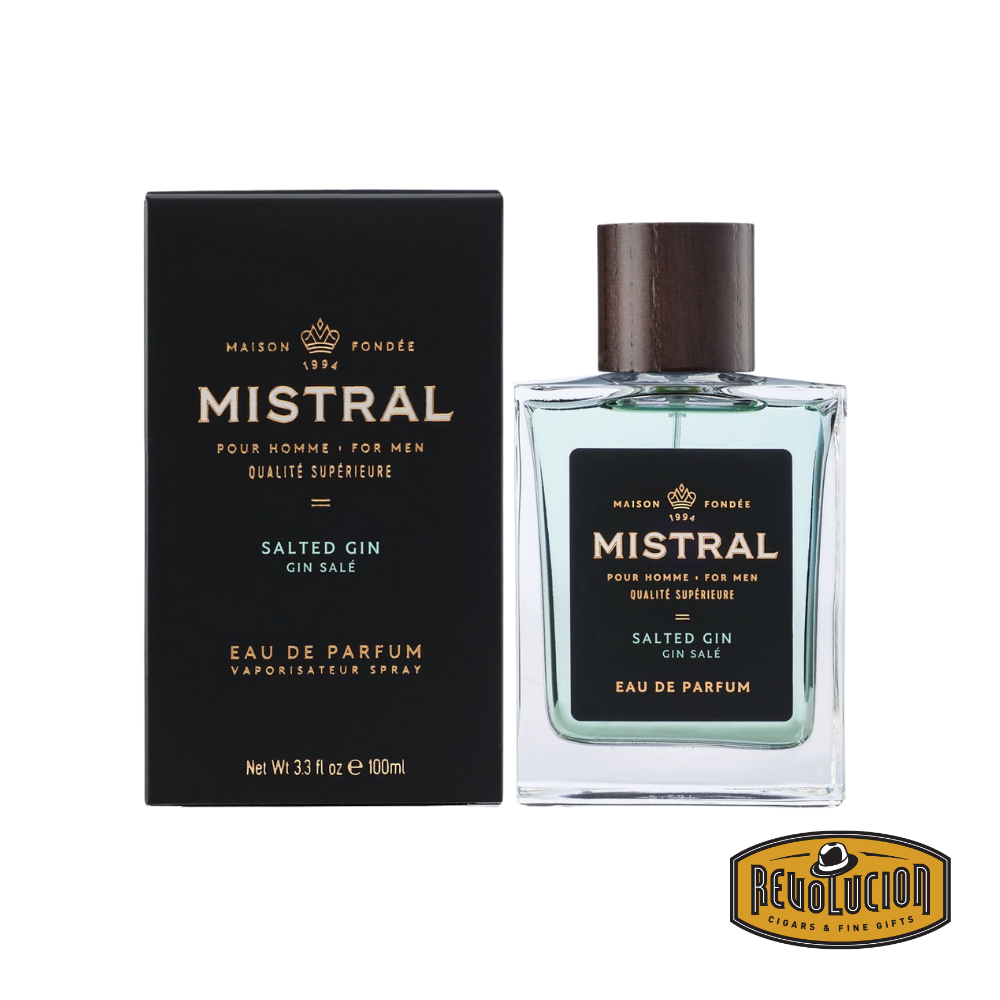 Mistral Men's Salted Gin Eau De Parfum – A bold and refreshing fragrance featuring crisp gin notes with a hint of sea salt, housed in a sleek 3.3 fl oz (100 ml) glass bottle with a sophisticated design.
