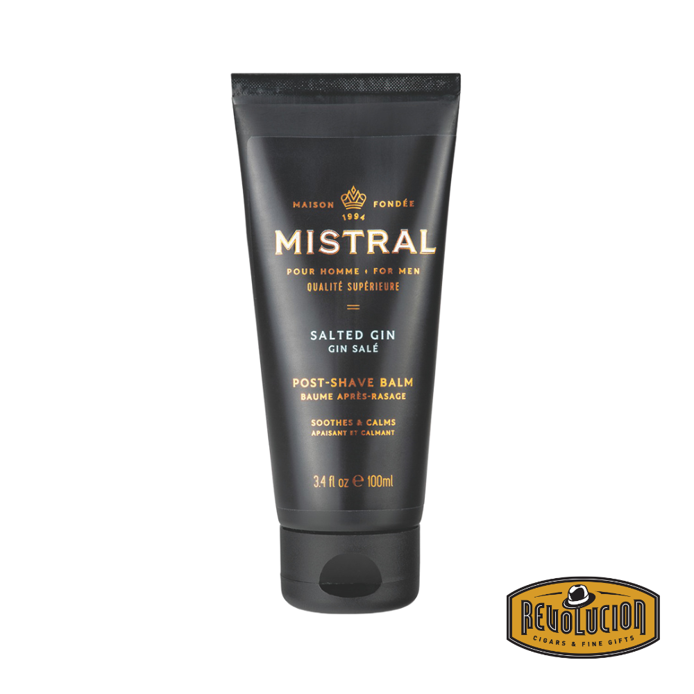Mistral Men's Post Shave Balm Salted Gin 100ml – a sleek bottle of soothing balm formulated to calm and hydrate the skin after shaving, with a refreshing salted gin fragrance.