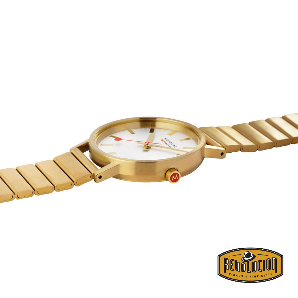 Side view of the Mondaine Classic 36mm Gold Watch, highlighting its slim profile and polished gold finish.