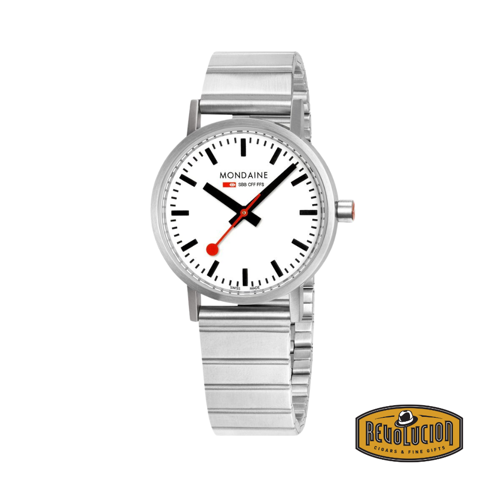 Front view of the Mondaine Classic Silver/White 36mm watch, showcasing its minimalist Swiss railway-inspired dial.