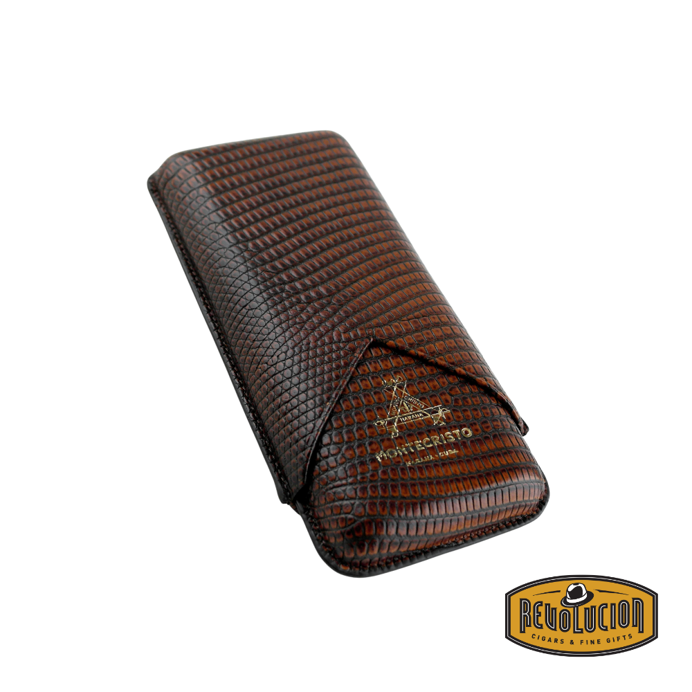 Montecristo Cigar Case 3ct – Brown leather cigar case featuring a debossed Montecristo logo, elegant stitching, and a structured design to securely hold up to three cigars.