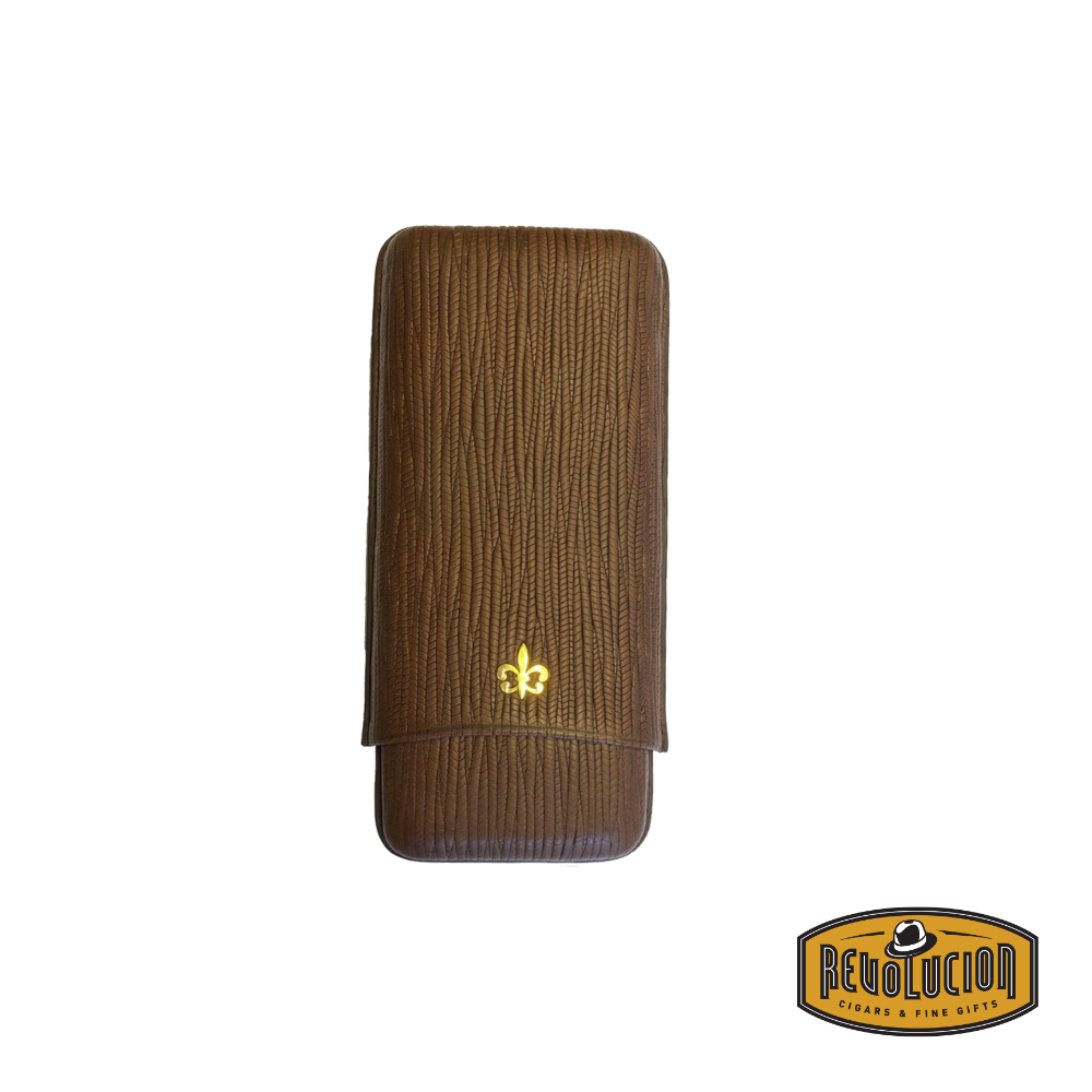 Brown Montecristo Fleur de Lis cigar case for two cigars, featuring an elegant embossed logo on the front.