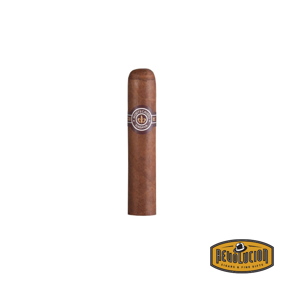 Montecristo Half Corona Cuban cigar with a brown and gold band, displayed against a white background with the Revolucion Cigars & Fine Gifts logo.