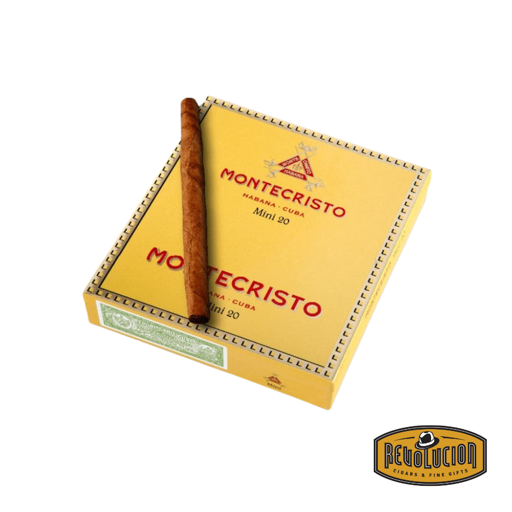 Montecristo Mini Cuban Cigarillos in a classic yellow tin box, featuring medium-strength hand-rolled cigars ideal for short, refined smoking sessions.