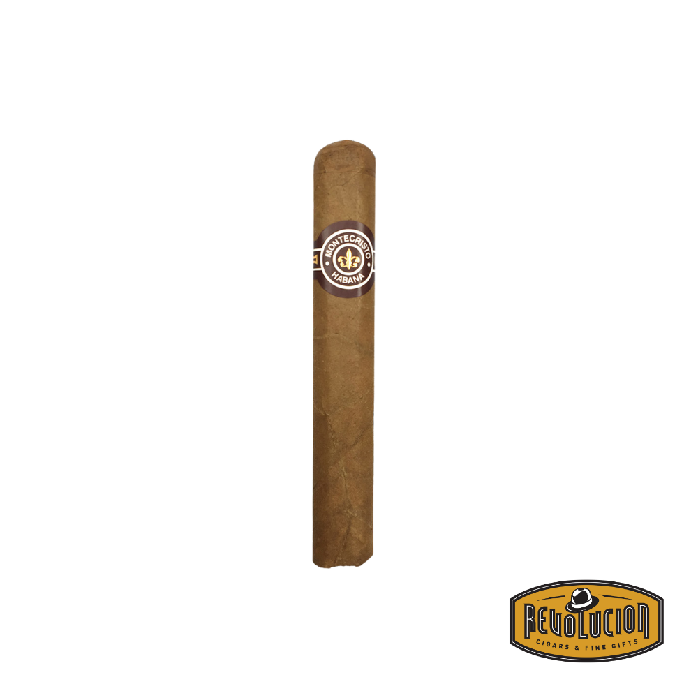 Montecristo No.5 H/M Petit Corona Cuban cigar on a white background with the Revolucion logo, featuring a medium strength profile and the iconic Montecristo band.