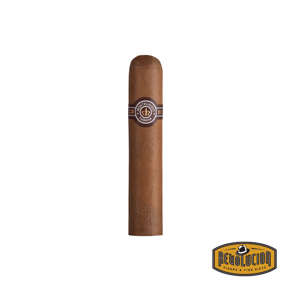 Montecristo Petit Edmundo H/M Cuban cigar on a white background with the Revolucion logo, featuring a full strength profile and the iconic Montecristo band.